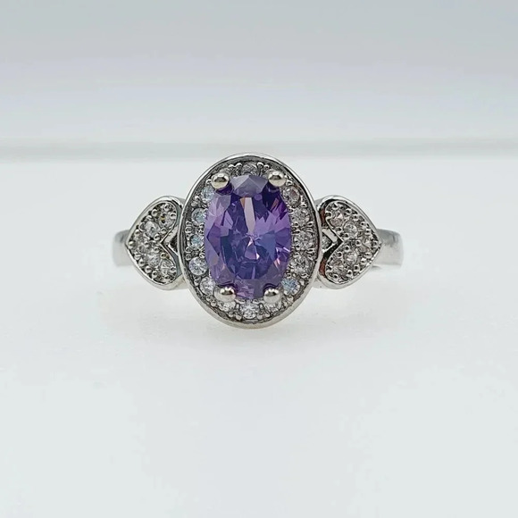 "925 Silver Plated Purple Oval Cut CZ Birthstone Ring, FB16FA1135 - Picture 10 of 11